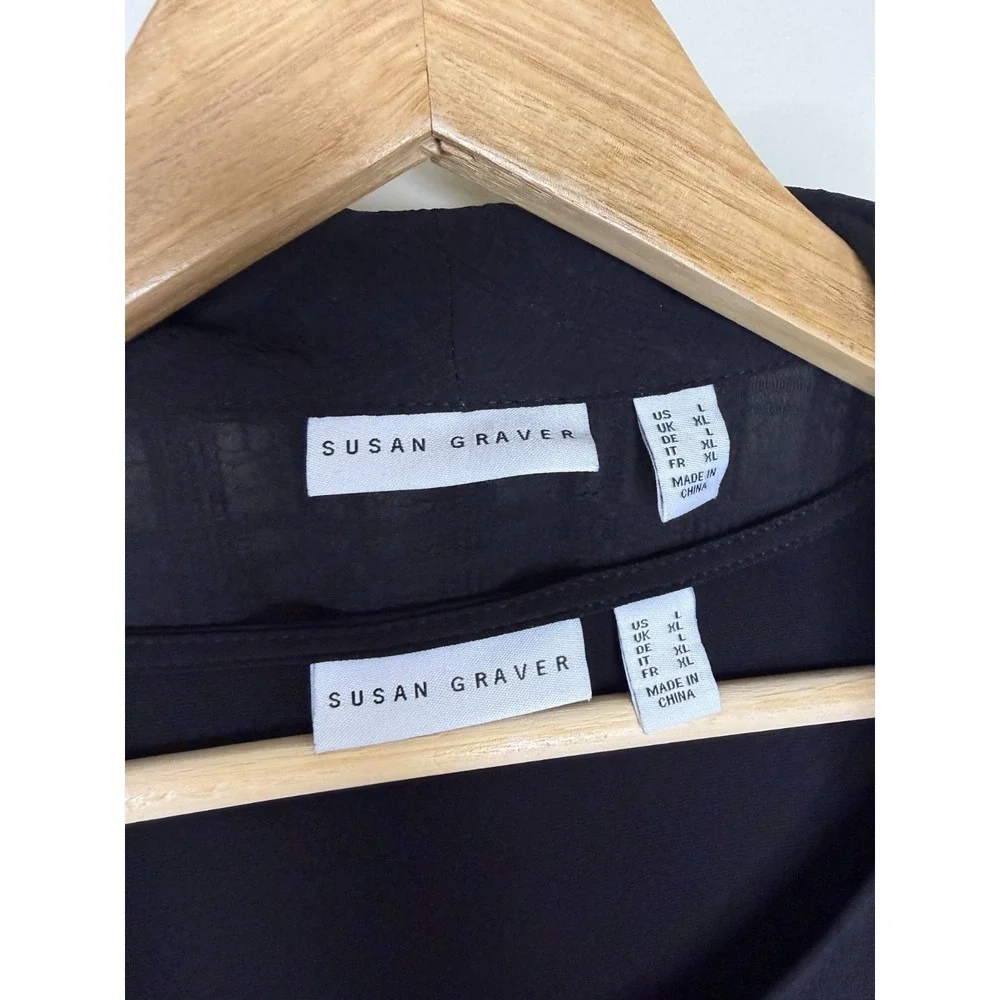 Susan Graver Regular Textured Woven Cardigan & Knit Tank Set Black, L #15- - Picture 4 of 6